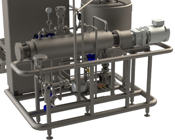 3D render of the VomaRC scraped surface heat exchanger by Vomatec, designed for continuous cooking and precise temperature control in confectionery production.