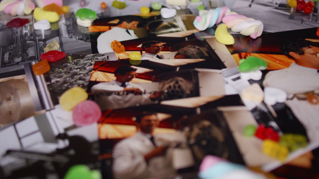 Historical photos of Cees Meijburg, founder of Vomatec, surrounded by candy